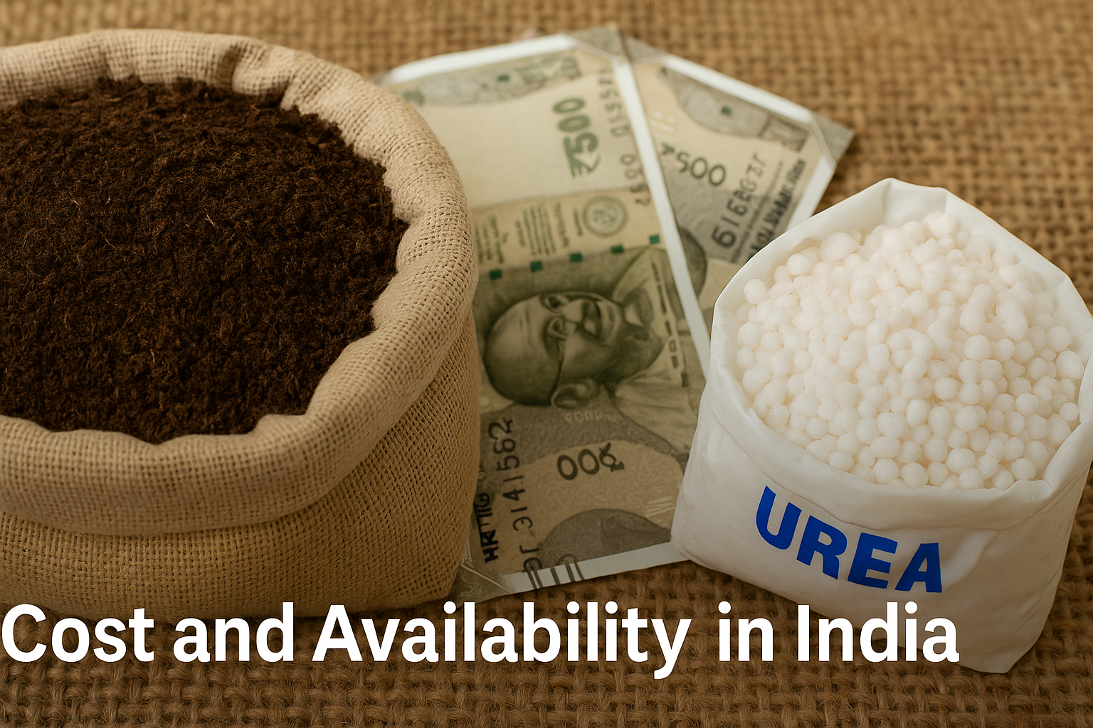 Comparison of vermicompost and urea chemical fertilizer with Indian rupee notes representing cost and availability of fertilizers for gardening in India